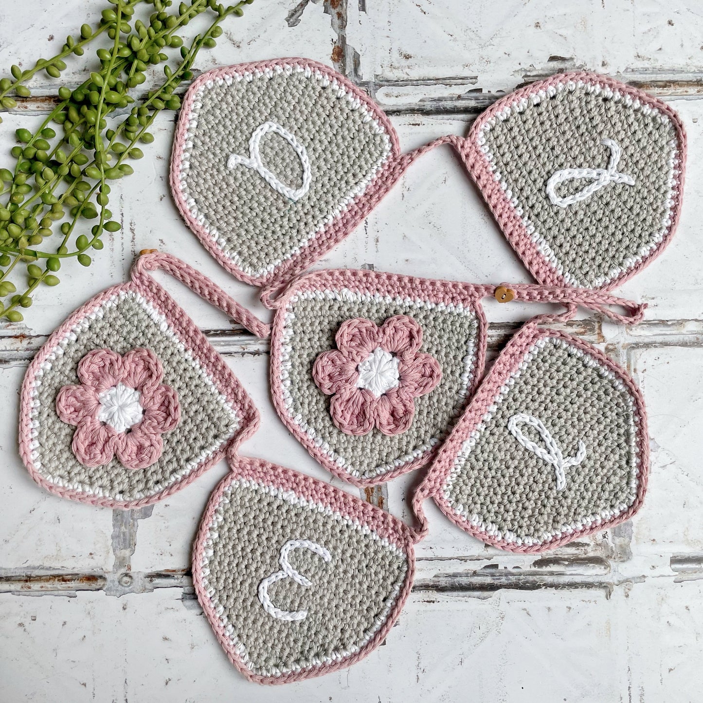 Pink and Grey Personalised Crochet Flower Bunting | Tink and Reu