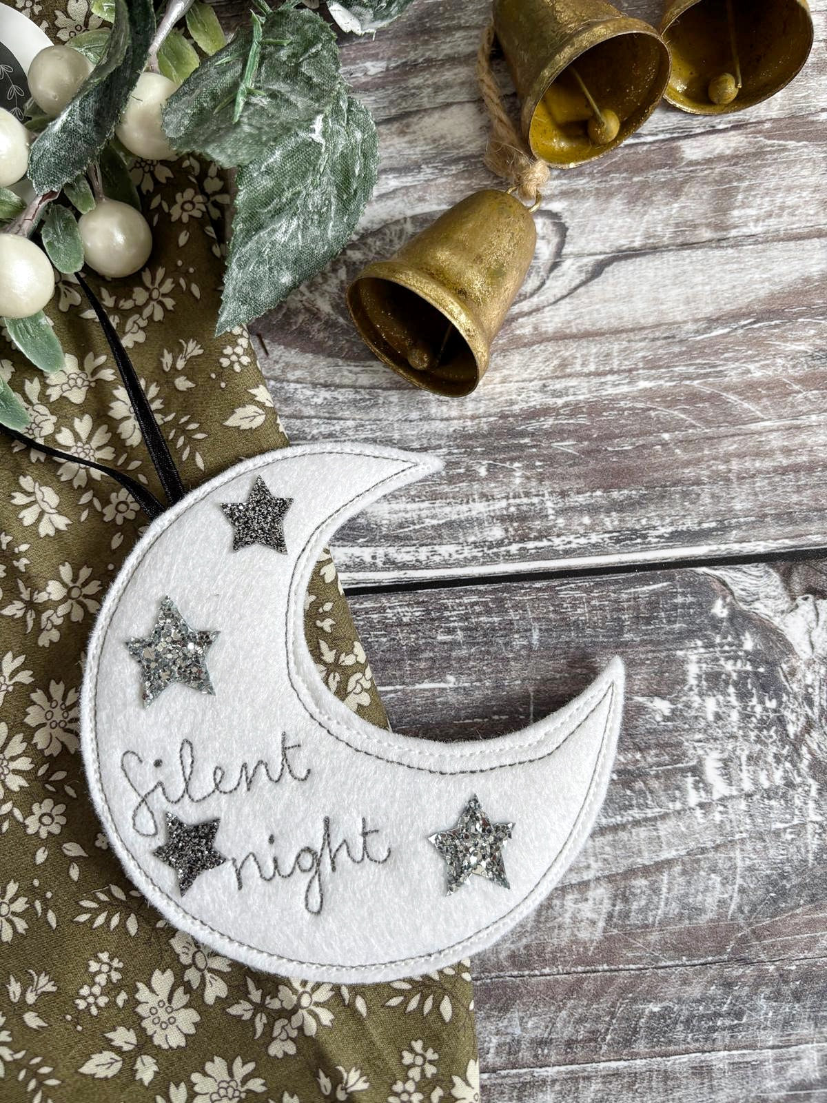 Silent Night White Felt Moon Christmas Tree Decoration