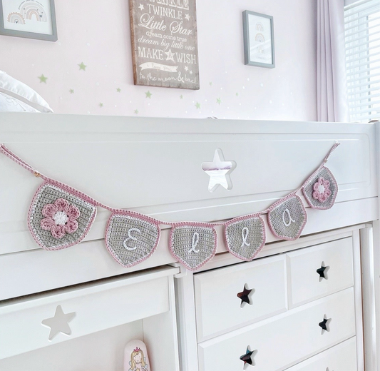 Pink and Grey Personalised Crochet Flower Bunting | Tink and Reu
