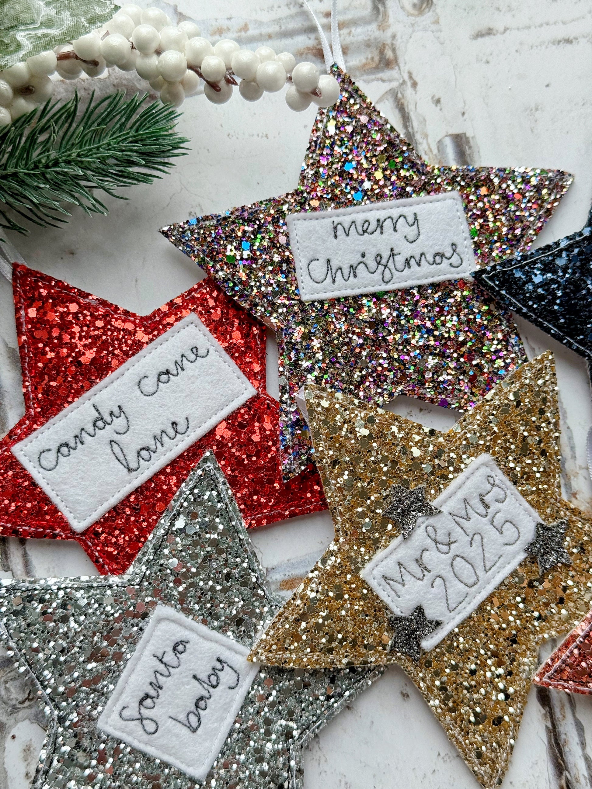 Personalised Glitter Christmas Star Decoration | Tink and Reu